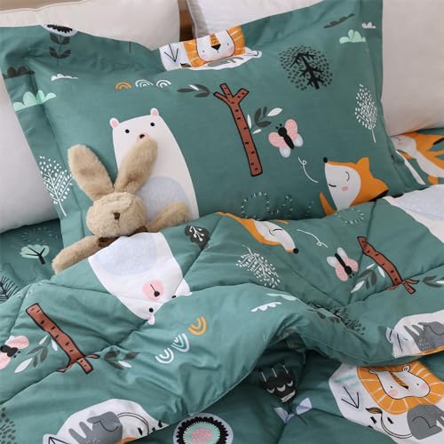 JSD Green Forest Animals Kids Comforter Set Twin Size, 2 Piece Woodland Printed Microfiber Bedding Set, Machine Washable JSD