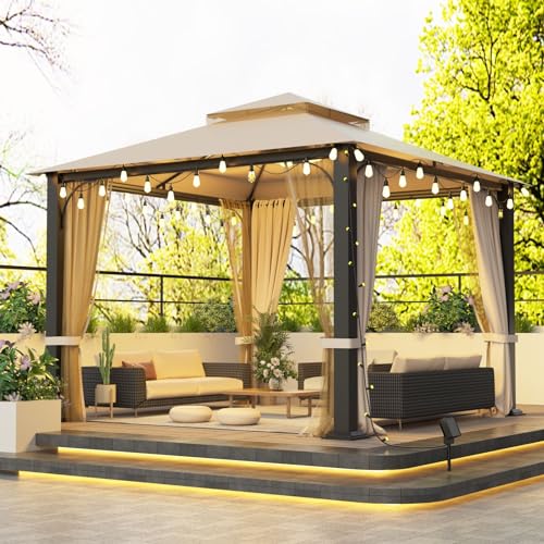 10X10FT Hardtop Gazebo, Heavy Duty Canopy Top Metal Frame Pavilion with Double Galvanized Steel Roof, Waterproof Outdoor Gazebo with Curtains and Netting for Backyard, Patio Deck and Lawns