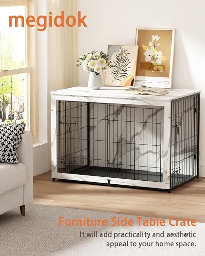 Megidok Wooden Dog Crate Furniture with Cushion,Large Dog Crate End Table with Tray, Double Doors Kennels Indoor (43.1" L*28.6" W*30.3" H, Marble White) Megidok