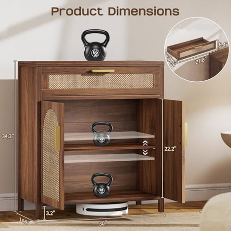 Curlaky Rattan Buffet Cabinet with Storage, Sideboard Cabinet with Doors and Shelves, Accent Coffee Bar with Drawers, Farmhouse Kitchen Storage Cabinets, Wood credenza for Entryway, Living Room Walnut Curlaky