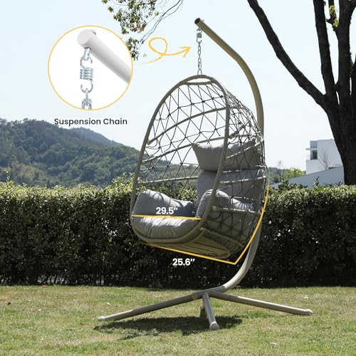 RoyalCraft Hanging Egg Chair Outdoor Swing Chair with Stand, Hammock Chair Indoor, Patio Boho Wicker Hanging Chair with Stand 350lbs Capacity for Garden, Balcony, Bedroom, Beige & Gray RoyalCraft