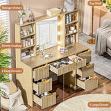 DDONGMM Fluted Vanity Desk with Mirror and 10 Adjustable LED Lights, Modern Makeup Desk with 7 Drawers & 6 Shelves, Dressing Table with Charging Station for Girls, Women, Bedroom, Natural Oak DDONGMM