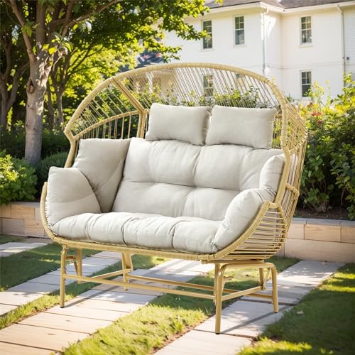 Patio Chairs Outdoor Egg Chair - 2 Person Wicker Rocking Glider Chair Rattan Patio Lounge Rocker Chairs with Cushion and Pillow for Outside Porch Deck Backyard Garden(Yellow/Beige)