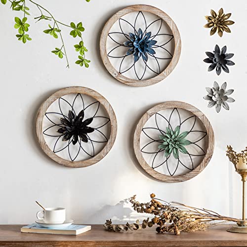 Paquesta 3 Piece Round Farmhouse Wall Decor with 6 Piece Interchangeable Flowers 12'' Medallion Wood & Metal Rustic Wall Art for Living Room Bedroom Kitchen Bathroom Dining Room Home Decorations Paquesta