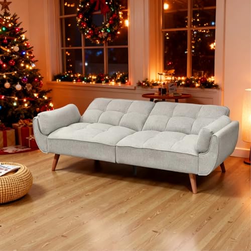Trygoal Convertible Futon Sofa Bed, Modern Futon Couch with 2 Pillows, Small Futons Couch with Adjustable Armrest & Backrest, Loveseat Sofa Bed for Living Room, Bedroom, Gray Trygoal