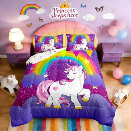 Erosebridal Girls Unicorn Comforter Set Twin Girls Bedding Set Cute Rainbow Unicorn Print Down Comforter Kids Cartoon Kawaii Duvet Insert Galaxy Stars Fantasy Room Decor Children Reversible Purple Erosebridal