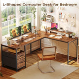 PRAISUN 63 Inch L Shaped Desk with Power Outlets and USB-C Port, Computer Corner Home Office Desk with File Fabric Drawers and Movable Monitor Stand, Larger Storage, Gaming, Writing, Rustic Brown PRAISUN