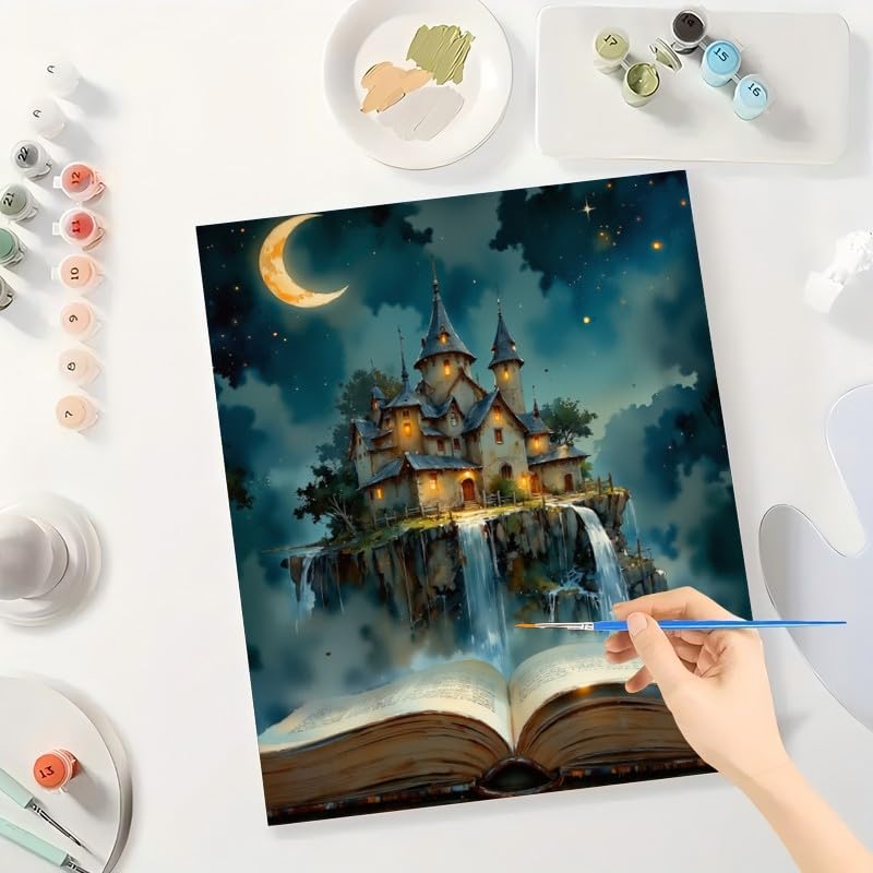 Fantasy Paint by Numbers Kit for Adults - DIY Storybook Castle with Waterfalls and Open Book Painting on Canvas 16x20 Inches, Acrylic Paint Set for Beginners,Art for Home Decoration or Gifts TAOPAOLAB