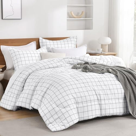 Andency Twin Comforter Set, White Gingham Plaid Grid Checkered Twin Bed Comforter Set for Dorm Boys Girls Teens Kids, 2 Pieces Lightweight Reversible Preppy Bedding Sets(66x90 Inch) Andency