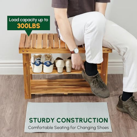 BEEFURNI Acacia Shoe Rack Bench, 3-Tier Sturdy Shoe Storage Bench, Wooden Footwear Organizer, 300 LBS Load Capacity, Perfect for Closet Entryway Bathroom, 1-Year Manufacturer Warranty, Natural Acacia BEEFURNI