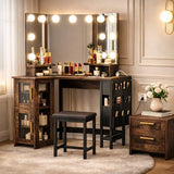 IDEALHOUSE Vanity Desk with Mirror and Lights, 3-Fold Vanity Mirror with Lights Makeup Vanity with Charging Station, Corner Vanity with Acrylic Door Cabinet, Hanging Storage Bag & Stool, Tigerwood IDEALHOUSE