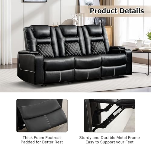 CANMOV Home Theater Seating Seats, Theater Recliner Chair Sofa, PU Leather 3 seat Power Recliner Sofa with Cup Holders, Hidden Arm Storage, USB Ports,Black