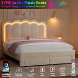 Queen Upholstered LED Bed Frame with 2 Storage Drawers and Adjustable Chic Double Wavy Headboard, Velvet Princess Platform Bed with Charing Station, Solid Wood Slats Support,No Box Spring Needed,Beige Jocoevol