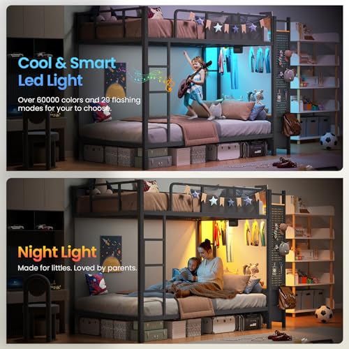 Itaar Metal Bunk Bed Twin Over Twin with Hall Tree, Power Outlet, LED Bunk Bed with 4 Storage Drawers, Bed with Safety Guardrail & Ladders, No Box Spring Needed, Easy Assembly, Rustic Brown Itaar