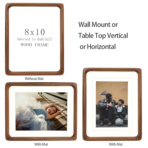 XKIILH 8x10 Picture Frames Walnut Solid Wood with Real Glass Vertical Horizontal Standing Display Photos 5x7/6x8 with Mat or 8x10 Without Mat Lovely Gift for Desk Tabletop Wall Mount H10 XKIILH