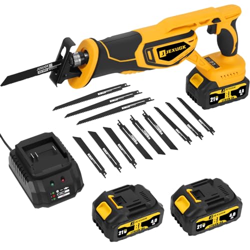 JEXUGK Brushless Reciprocating Saw Cordless, 21V Max 3500 SPM Rechargeable Saw, 2 x 4.0Ah Battery, 12 Saw Blades & Fast Charger, Variable Speed Reciprocating Saws for Woods/Metal/Plastic Cutt - WoodArtSupply