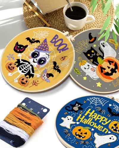 TINDTOP Halloween Embroidery Kit for Adult, 3 Pack Embroidery DIY Starter Kit, with Stamped Patterns, Hoop, Tools, Colorful Threads with Needles, Instructions TINDTOP