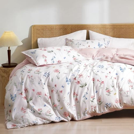 PHF Ultra Soft Floral Duvet Cover Queen Size, Printed Bedding Set 3 Pieces, Comfy Durable Farmhouse Duvet Cover Set with 2 Pillow Shams, Zipper Closure and 8 Ties, 90"x90", White & Pink PHF
