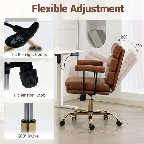 WENTUM Leather Office Chair with Wheels,Ergonomic Swivel Rolling Task Chair,Padded Seat and Armrests,Adjustable Height Home Desk Chair,Executive Computer Chair, Gold Base Makeup Vanity Chair,Brown WENTUM