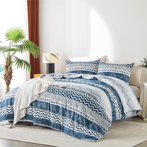 BOLINLIVING Twin Comforter Set Kids, Boho Stripe Comforter Set Twin Size, Twin Bed in a Bag Soft Bohomian Bedding Lightweight Breathable for All Seasons (Blue 66×90 inch) BOLINLIVING