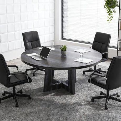 47-Inch Round Conference Table Wooden Wood Base, Modern Wooden Conference Table for 4-6 People, Easy Assembly Boardroom Table (Black) TMGSK