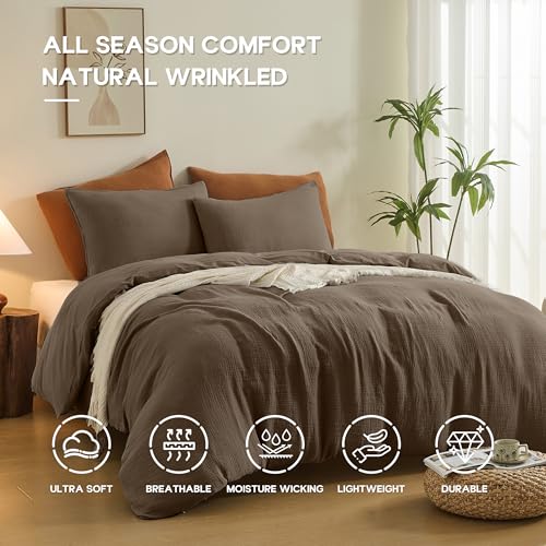 Simple&Opulence Linen Muslin Duvet Cover Set Queen Size, 3Pcs Brown Linen Cotton 3-Layer Gauze Minimalist Comforter Cover 88”x92”, Ultra Soft Breathable Seersucker Bedding Set with 2 Pillowcases Simple&Opulence