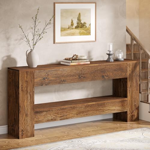 TRIBEWOOD Solid Wood Console Table, 63-Inch Farmhouse Entryway Table with 2-Tier Storage Shelf, Rustic Wooden Narrow Long Sofa Table Behind Couch for Entryway, Hallway, Foyer, Living Room, Brown TRIBEWOOD