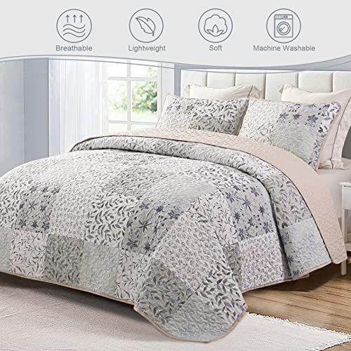 Exclusivo Mezcla Reversible Boho Quilts Queen Size, Gray Bedspreads Lightweight Coverlet All Season Patchwork Quilt Bedding Set with Printed Floral Pattern (1 Quilt, 2 Pillow Shams) Exclusivo Mezcla