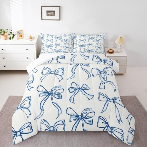 Feelyou Blue Bow Bedding Set Cute Bowknot Comforter Set for Kids Boys Girls Teens Room Decor Princess Comforter Twin Size Girly Kawaii Duvet Set 2Pcs Feelyou