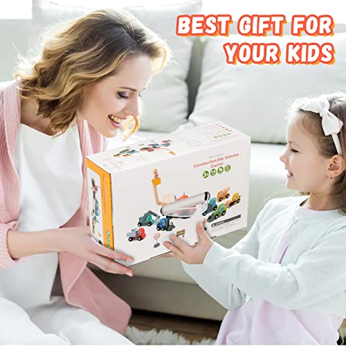 Wooden Construction Site Vehicles with Trailer 14 PCS Set, Vehicle Toys Cars for Toddlers and Kids Ages 3+ Gifts for Boys Girls, Compatible with Thomas and Other Major Brand Train Toy and Railway Set BBtinker