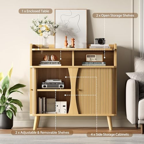 Decofy 39" Buffet Sideboard Cabinet, Mid Century Modern Console Cabinet with Roller Shutter Sliding Doors & Adjustable Shelves for Kitchen Cabinets, Living Room, Entryway, Coffee Bar Cabinet (Oak) Decofy