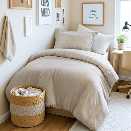 Madison Park Essentials Striped Duvet Cover Set Twin/Twin XL, Modern Minimalist Bedding Set with Premium Jacquard Stripe, 2 Pieces Duvet Cover Reversible with Zipper Closure & Corner Ties,Neutral Madison Park Essentials