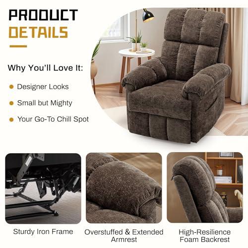 Korser Recliner Chair, Living Room Recliner Chairs for Adults, Small Recliners for Small Spaces, Upholstered Manual Recliner with Side Pockets, Modern Nursery Chair for Living Room, Chenille, Brown