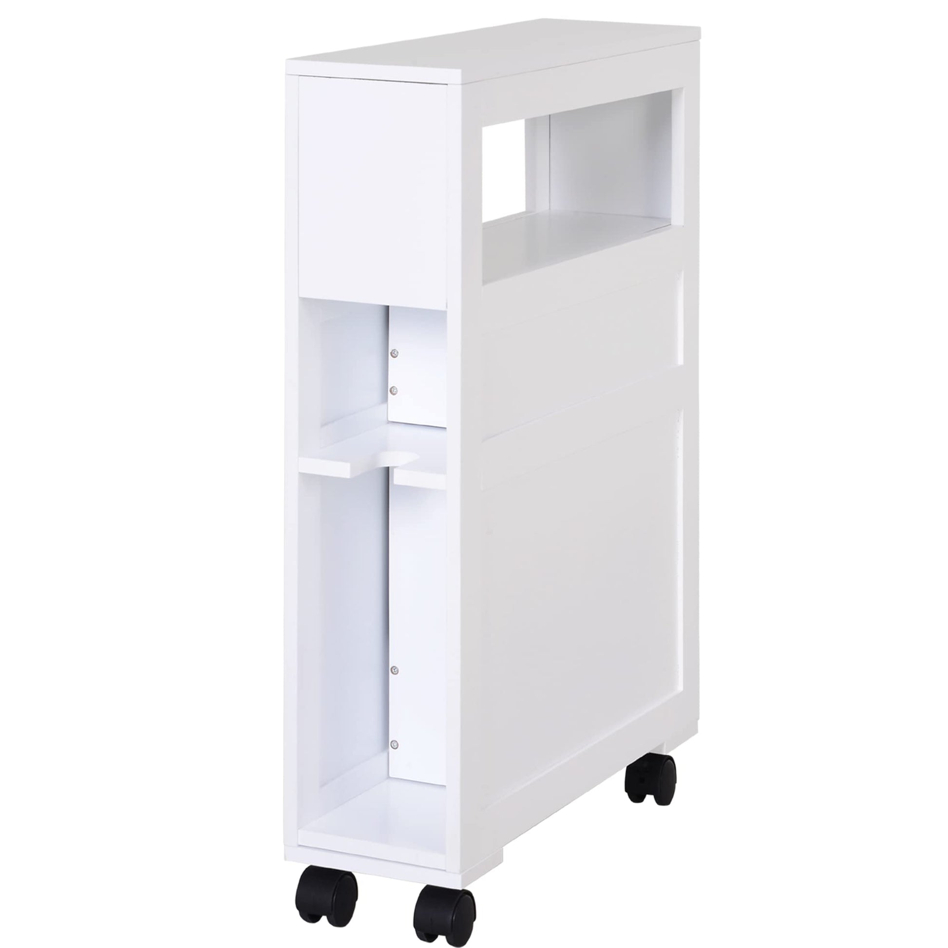 HOMCOM White Rolling Narrow Bathroom Storage Cabinet with Drawers and Open Shelf - WoodArtSupply