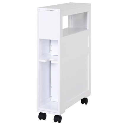 HOMCOM White Rolling Narrow Bathroom Storage Cabinet with Drawers and Open Shelf - WoodArtSupply