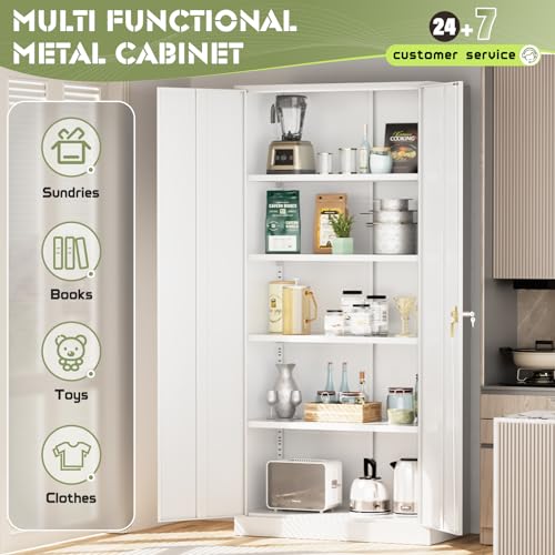 Crownland 72" Lockable Metal Storage Cabinet, Garage Storage Cabinets, High Office Cabinet with Adjustable Shelves for Garage, Home Office,Pantry, File(White) Crownland