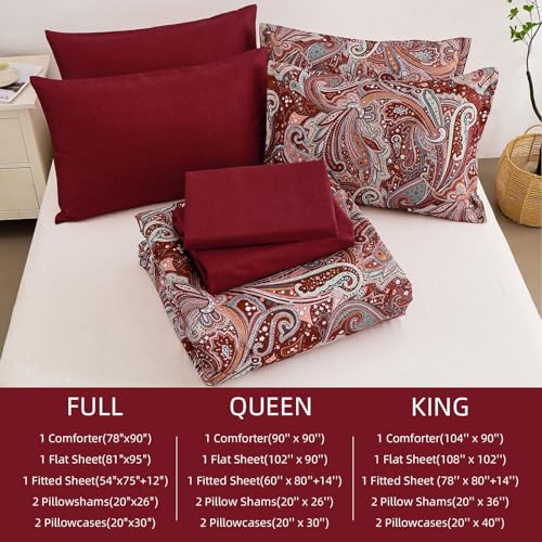 DJY Red Paisley Comforter Set Queen Size, 7 Piece Bed in a Bag Boho Paisley Pattern Comforter Set, Soft Lightweight Microfiber Reversible Bedding Set for All Season (90''x90'') DJY