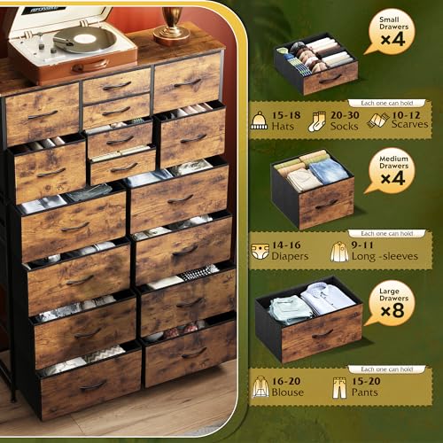 WLIVE 16 Drawers Dresser, Tall Dresser for Bedroom, Closet, Hallway, Storage Dresser Organizer unit, Large Dressers & Chests of Drawers with Fabric Bins, Rustic Brown Wood Grain Print WLIVE