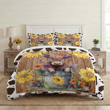 WeCozy Twin Size Comforter Set with Pillowcase, Wooden Sunflowers Flower Soft 2 Pcs Bedding for Kids and Adults, Cute Highland Cow Print Comforter Set for Bedroom Bed Decor WeCozy
