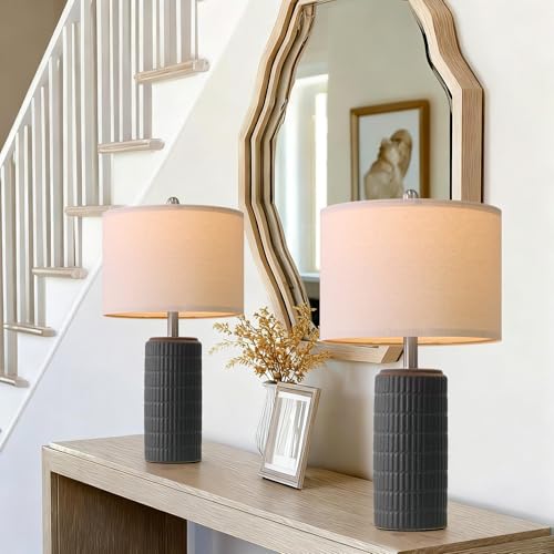 PoKat 23" Matte-Textured Ceramic Table Lamps Set of 2 for Bedroom, Stone-Like Modern Bedside Lamps for Night Stands, Farmhouse Nightstand Table Lamps Decor for Living Room End Table Black PoKat