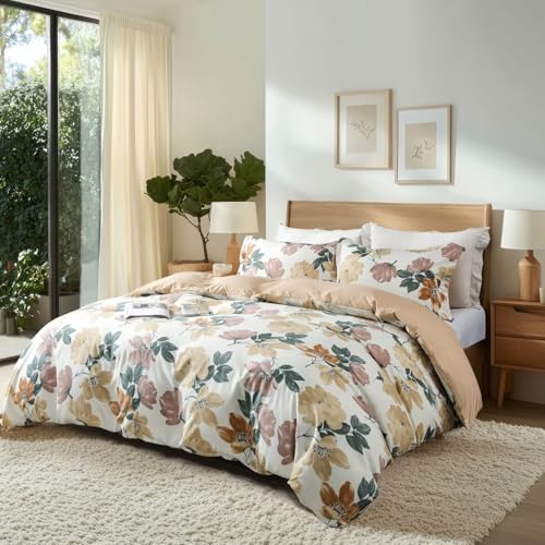 OAITE Duvet Cover King Size,Reversible Blooming Flower Orange Duvet Cover Set with Zipper Closure, 3 Pieces Modern Patterns Soft Microfiber Bedding Set with 8 Ties(104’’*90’’,2 Pillow Cases) OAITE