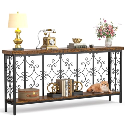 ikkle 70.9" Extra Long Console Table, Industrial Narrow Sofa Table Behind Couch with 2 Tier Storage Shelf, Entryway Hallway Accent Table for Living Room, Foyer, Rustic Brown ikkle