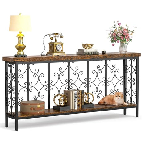 ikkle 70.9" Extra Long Console Table, Industrial Narrow Sofa Table Behind Couch with 2 Tier Storage Shelf, Entryway Hallway Accent Table for Living Room, Foyer, Rustic Brown ikkle