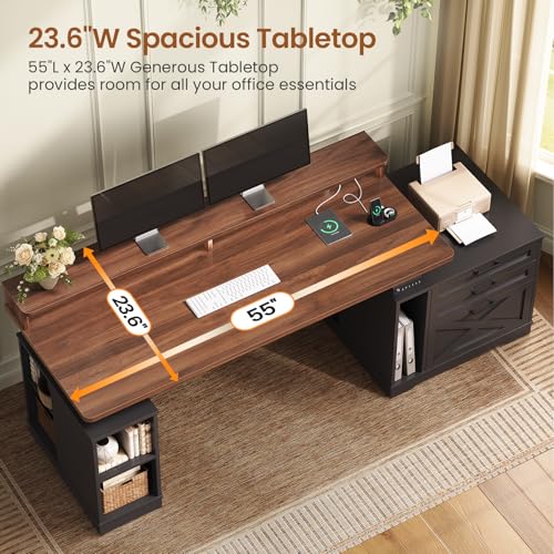 SEDETA Farmhouse Electric Standing Desk, 55" Height Adjustable Computer Desk with 3 Drawers, File Cabinet, Storage Shelves, Power Outlets, Wood Home Office Desk for Work, Study, Writing, Black SEDETA