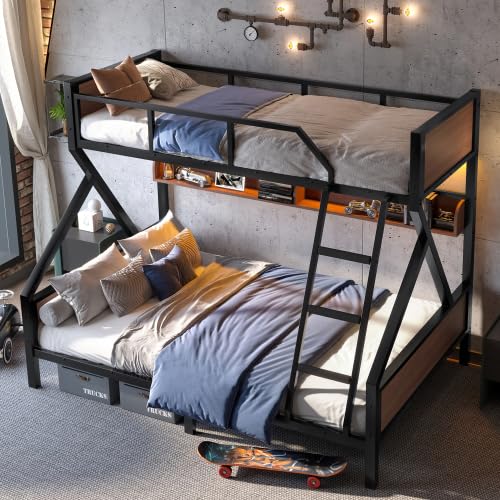 Harper & Bright Designs Twin XL Over Queen Bunk Bed with Storage Shelves and LED Lights, Metal Bunk Bed Frame for Kid Teens, Space-Saving & Noise-Free Design, Black Harper & Bright Designs