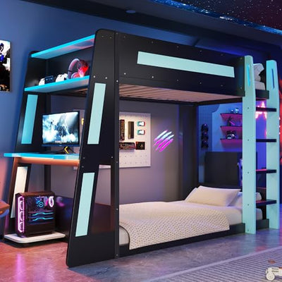 Twin Over Twin Gaming Bunk Bed with Desk and USB and LED Light, Twin Size Wooden Loft Bed Frame with Storage Shelves, Ladder, for Kids Boys Teens Adults, Space Saving (Black+Blue)