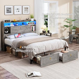 TIGUBFRE Full Bed Frame with Storage Headboard, Farmhouse Wood Bed Frame Full Size with 4 Drawers, LED Light & Charging Station, Metal Slats Support, Noise Free, No Box Spring Needed, Rustic Gray TIGUBFRE