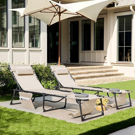 Flamaker Face Down Chaise Lounge Chair 5-Position Adjustable Sunbathing, Foldable Tanning Chair with Face& Arm Holes, Outdoor Recliner Chair for Pool, Beach, Patio, Lawn (Beige, 1 Pcs) Flamaker