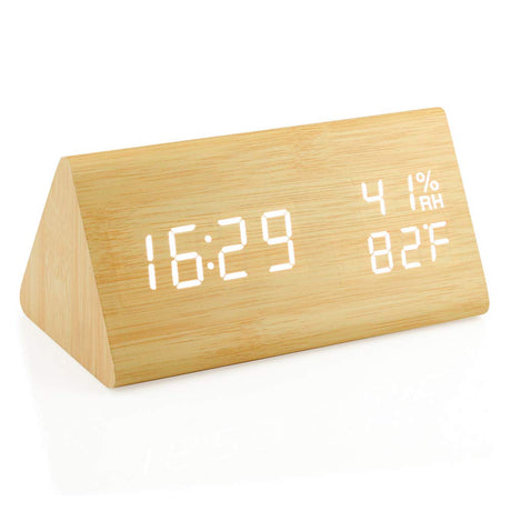 OCT17 Wooden Alarm Clock, Wood Alarm Clock Smart LED Digital Clock for Bedroom/desks, Upgraded with Time Temperature, Adjustable Brightness and Voice Control, Humidity Displaying - Bamboo OCT17
