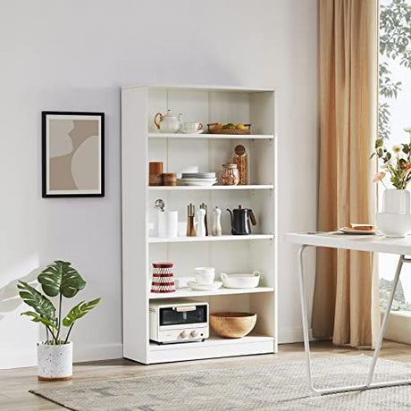 Farini Modern White 5-Tier Bookshelf - Adjustable Wood Bookcase for Bedroom, Office, or Living Room Farini